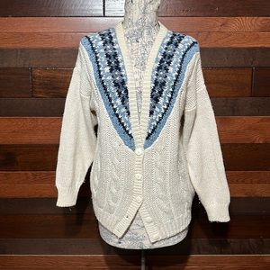 Vintage Backroad Blues Hand Knitted Chunky Blue and White Cardigan Sweater